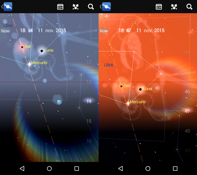 Capturas de la APP Mapa Estelar en el momento de ponerse la Luna y en la fase de Luna nueva